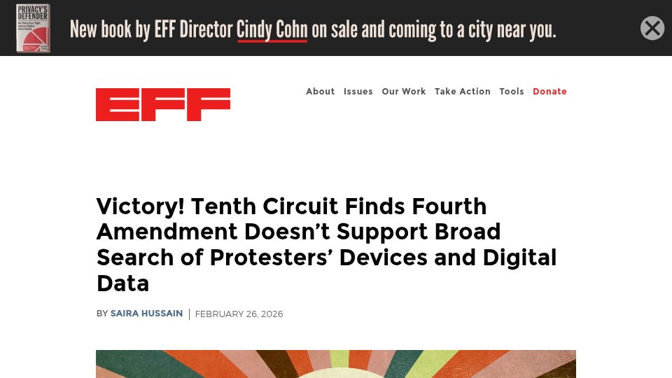 Screenshot of eff.org: Court finds Fourth Amendment doesn’t support broad search of protesters’ devices