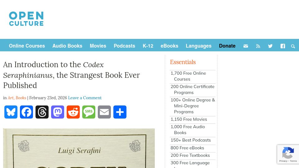 Screenshot of openculture.com: An Introduction to the Codex Seraphinianus, the Strangest Book Ever Published