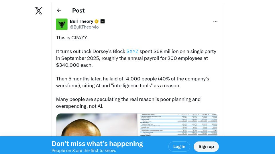 Screenshot of twitter.com: Block spent $68M on a single party in September 2025