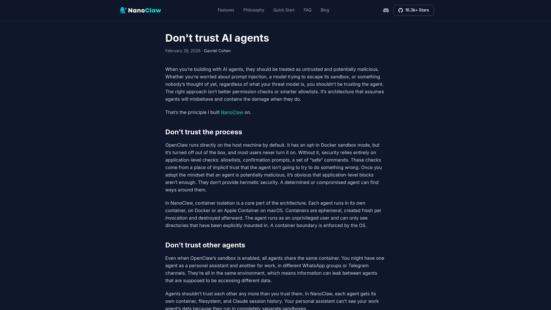 Screenshot of nanoclaw.dev: Don't trust AI agents