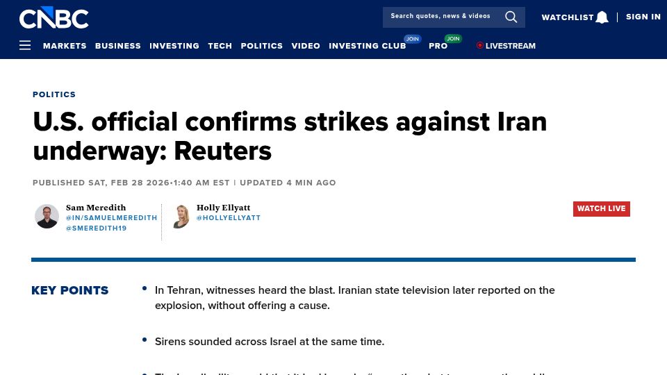 Screenshot of cnbc.com: Israel says it has attacked Iran, declares state of emergency