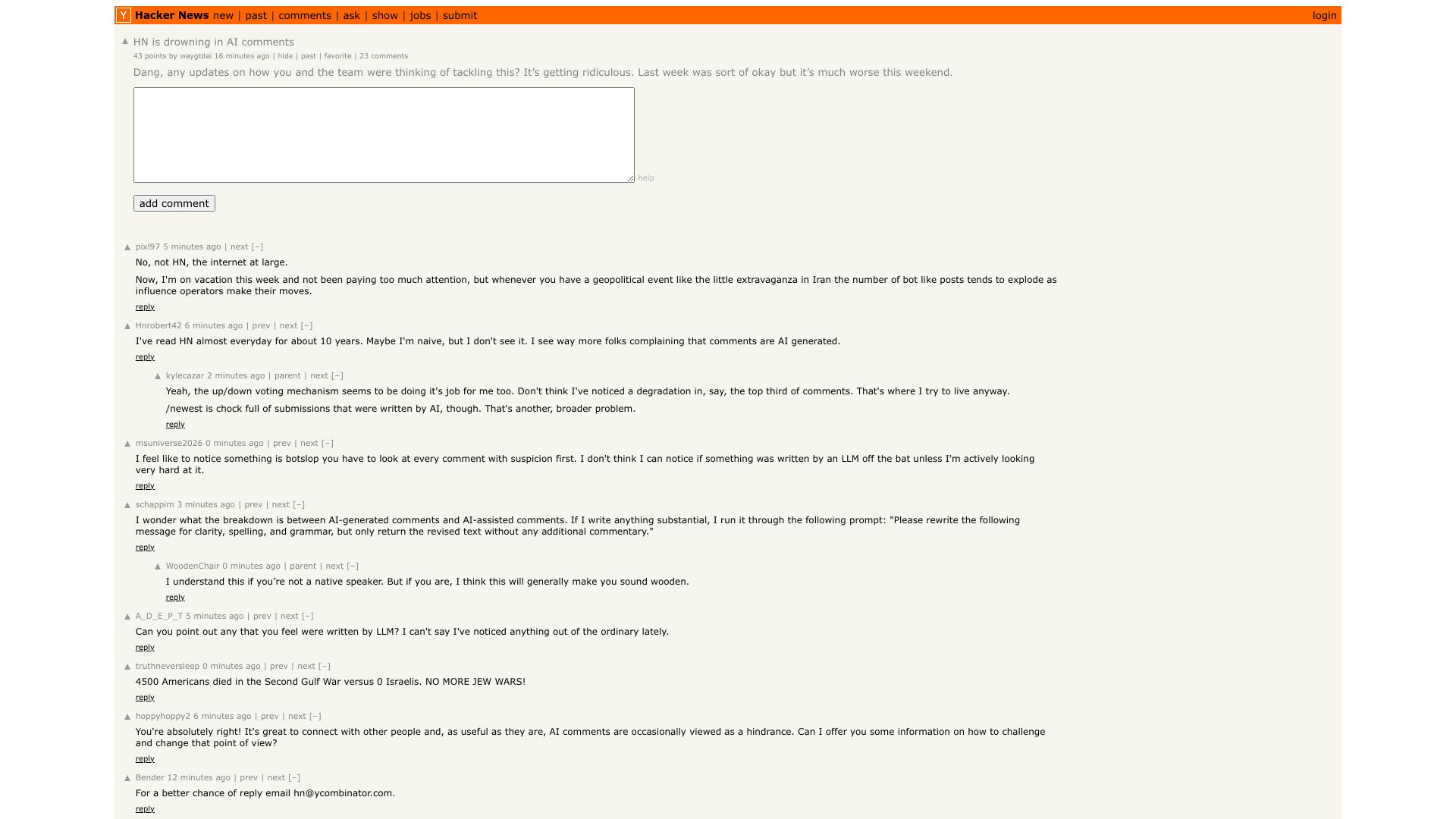 Screenshot of this Hacker News post: HN is drowning in AI comments