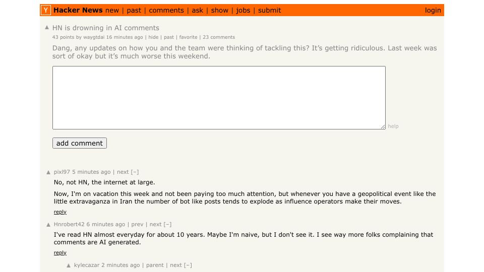 Screenshot of Hacker News post: HN is drowning in AI comments