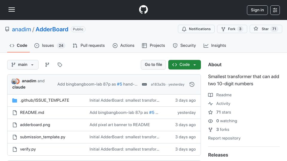 Screenshot of github.com: Smallest transformer that can add two 10-digit numbers