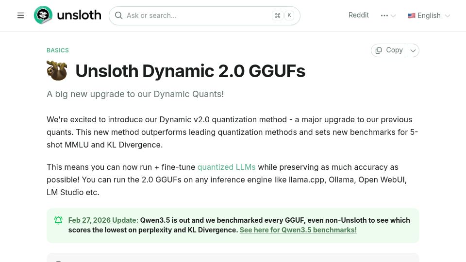 Screenshot of unsloth.ai: Unsloth Dynamic 2.0 GGUFs