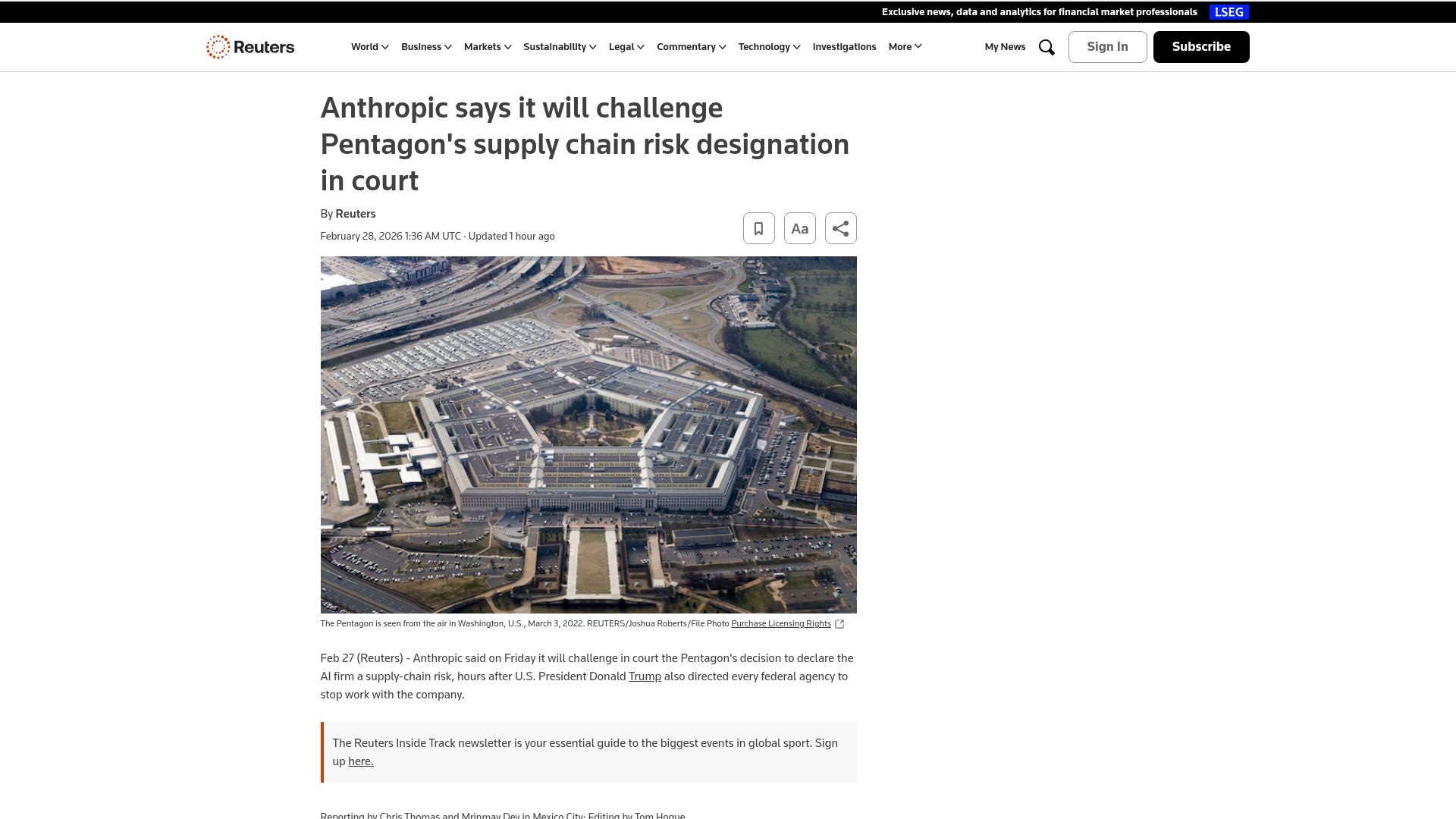 Screenshot of reuters.com: Anthropic says it will challenge Pentagon supply chain risk designation in court