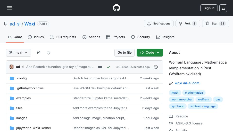Screenshot of github.com: Woxi: Wolfram Mathematica Reimplementation in Rust