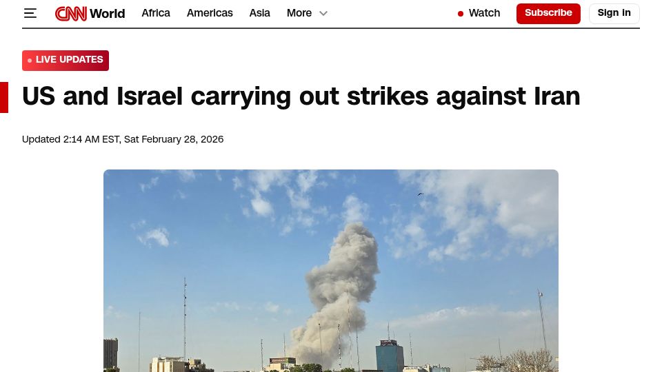 Screenshot of cnn.com: US and Israel carrying out strikes against Iran