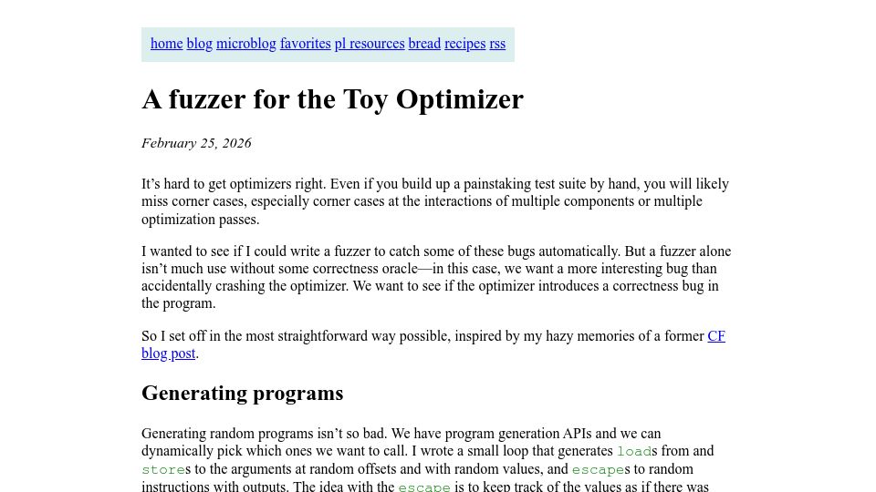 Screenshot of bernsteinbear.com: A Fuzzer for the Toy Optimizer