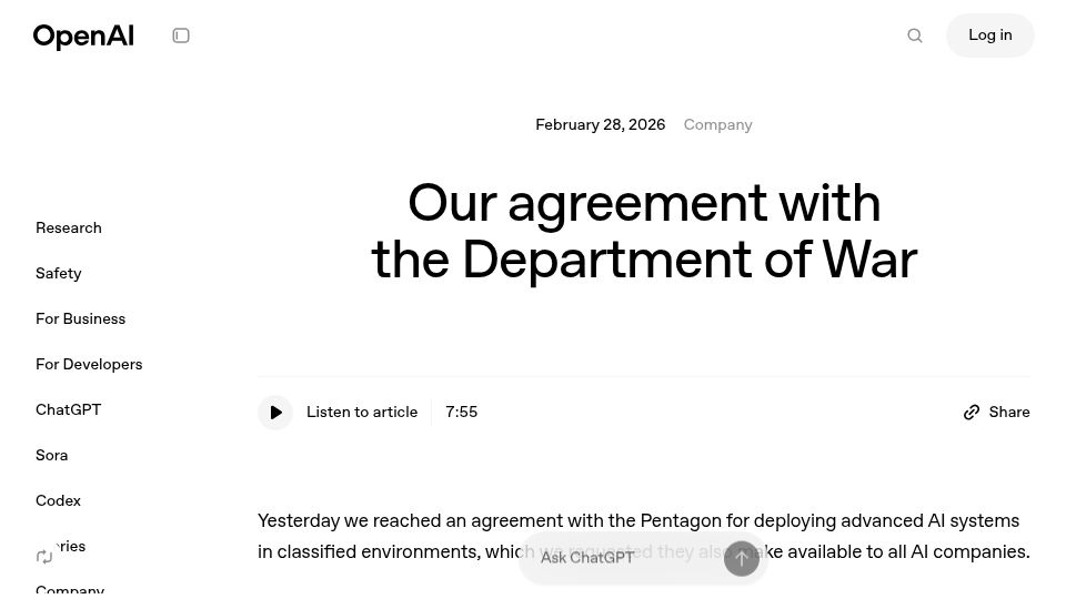 Screenshot of openai.com: Our Agreement with the Department of War