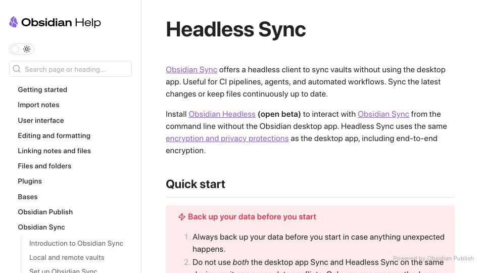 Screenshot of help.obsidian.md: Obsidian Sync now has a headless client