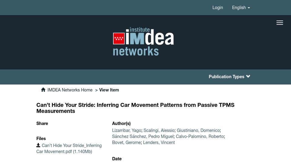 Screenshot of dspace.networks.imdea.org: Inferring car movement patterns from passive TPMS measurements