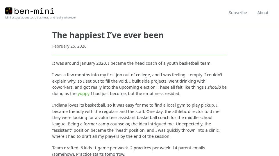 Screenshot of ben-mini.com: The happiest I've ever been