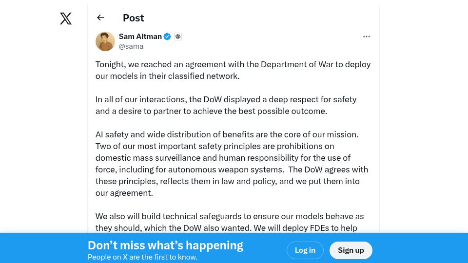 Screenshot of twitter.com: OpenAI agrees with Dept. of War to deploy models in their classified network