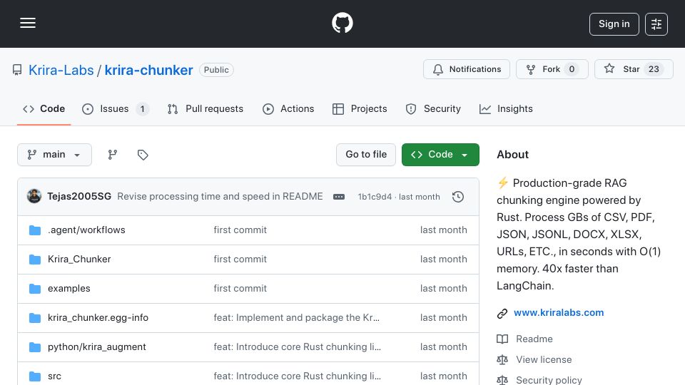 Screenshot of github.com: Show HN: Rust-powered document chunker for RAG – 40x faster, O(1) memory