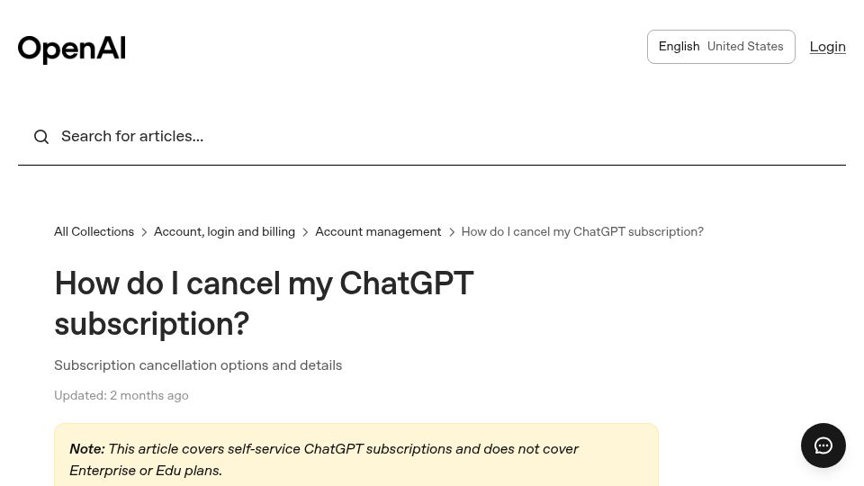 Screenshot of help.openai.com: How do I cancel my ChatGPT subscription?