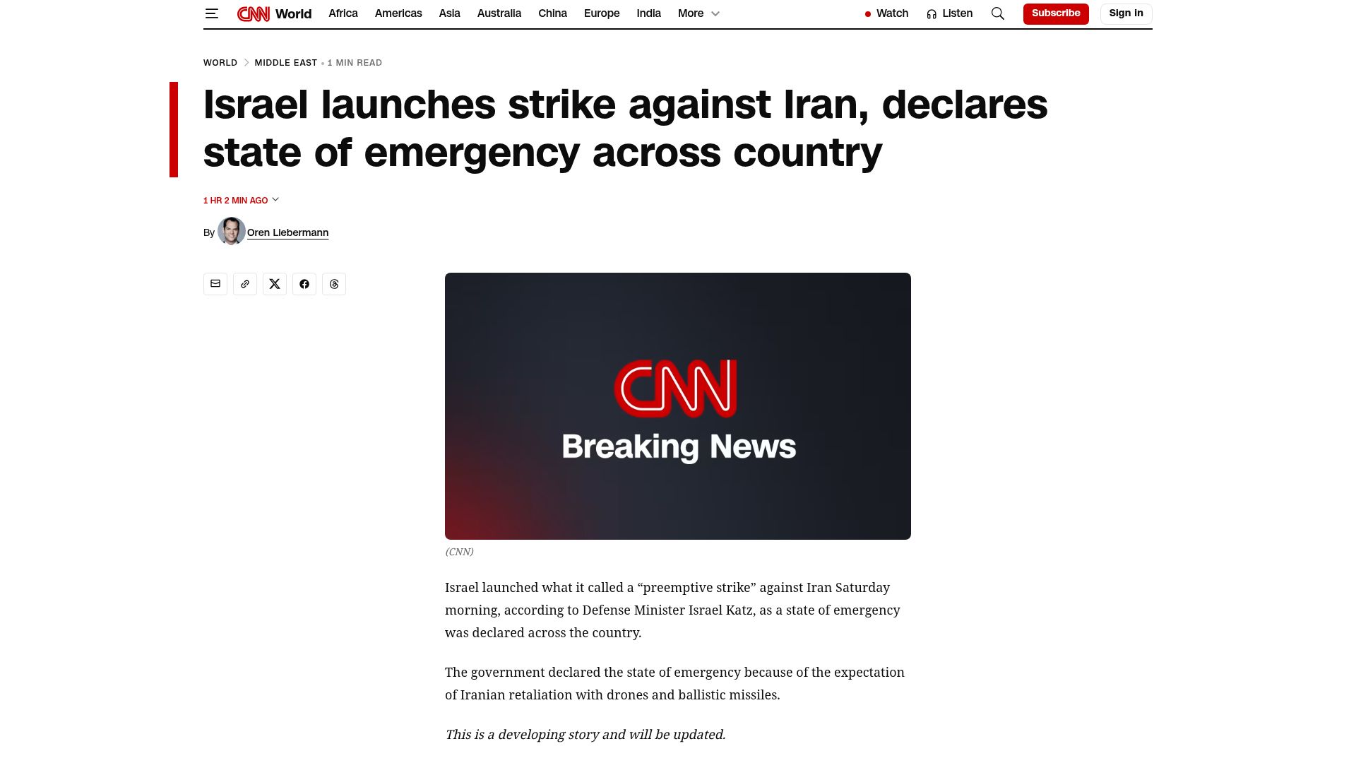 Screenshot of cnn.com: The United States and Israel have launched a major attack on Iran