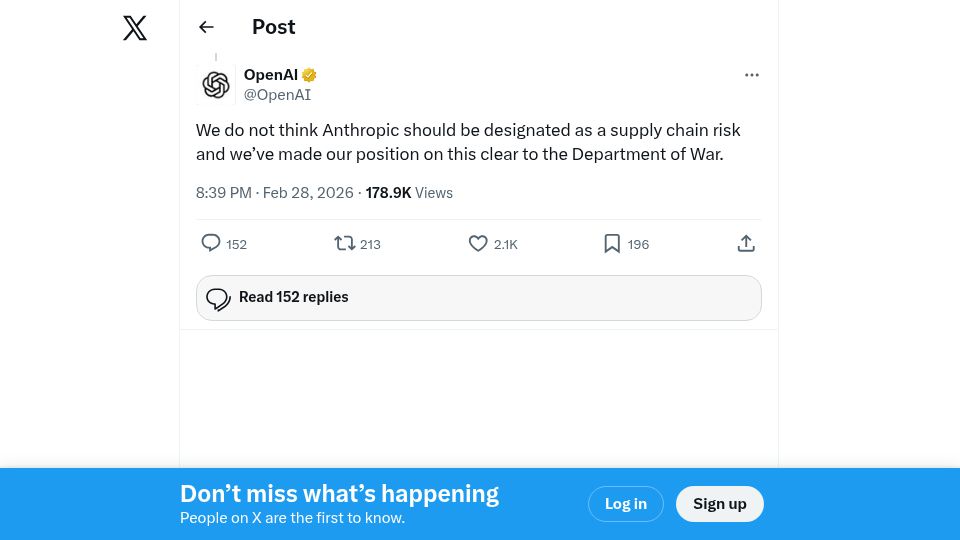 Screenshot of twitter.com: We do not think Anthropic should be designated as a supply chain risk