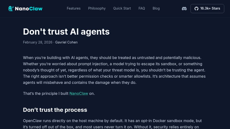 Screenshot of nanoclaw.dev: Don't trust AI agents