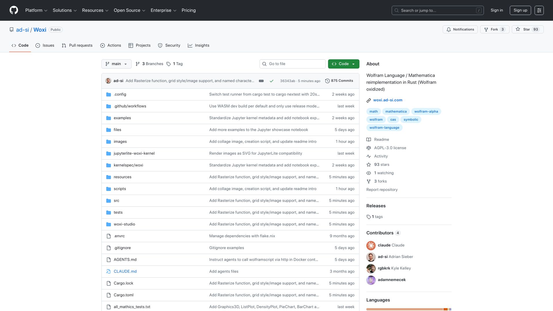 Screenshot of github.com: Woxi: Wolfram Mathematica Reimplementation in Rust