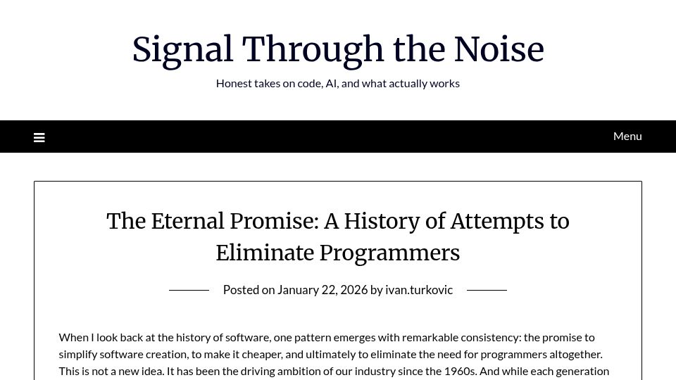 Screenshot of ivanturkovic.com: The Eternal Promise: A History of Attempts to Eliminate Programmers
