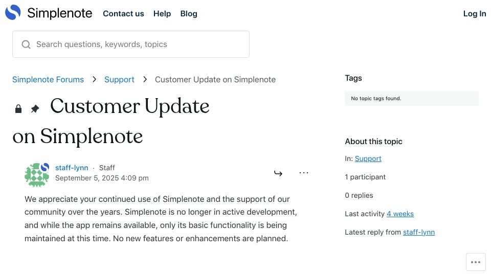 Screenshot of forums.simplenote.com: Customer Update on Simplenote