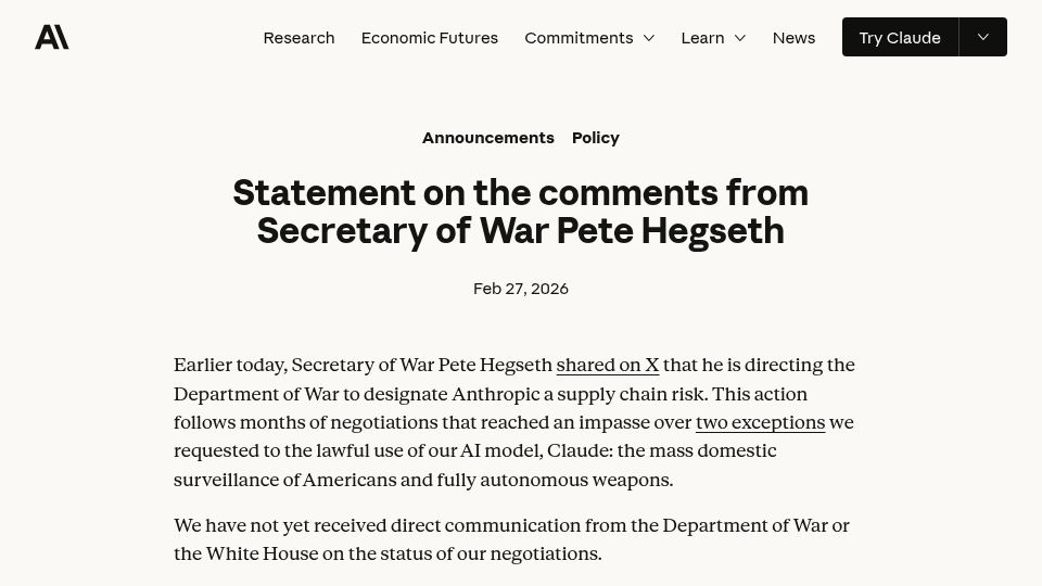 Screenshot of anthropic.com: Statement on the comments from Secretary of War Pete Hegseth
