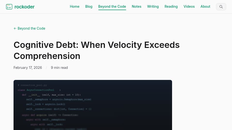 Screenshot of rockoder.com: Cognitive Debt: When Velocity Exceeds Comprehension