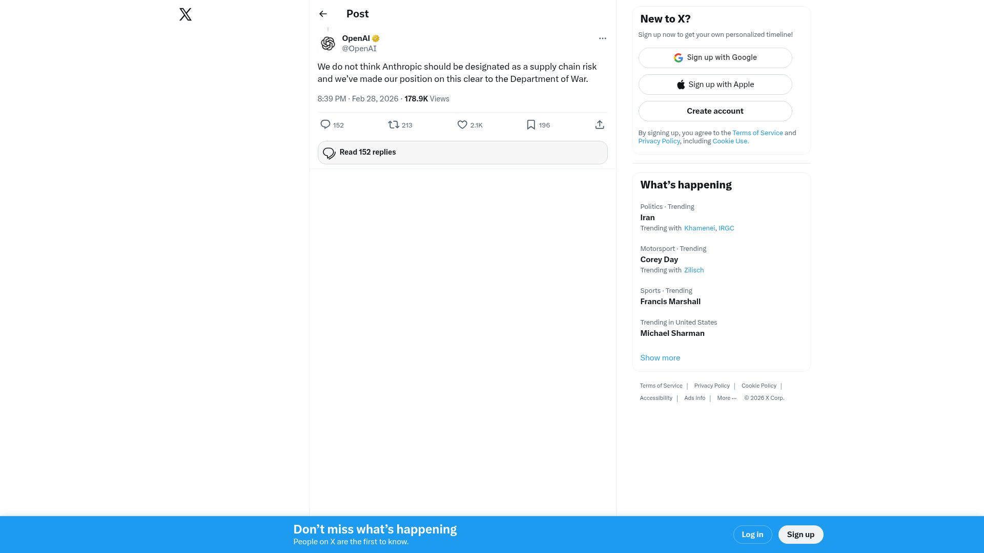 Screenshot of twitter.com: We do not think Anthropic should be designated as a supply chain risk