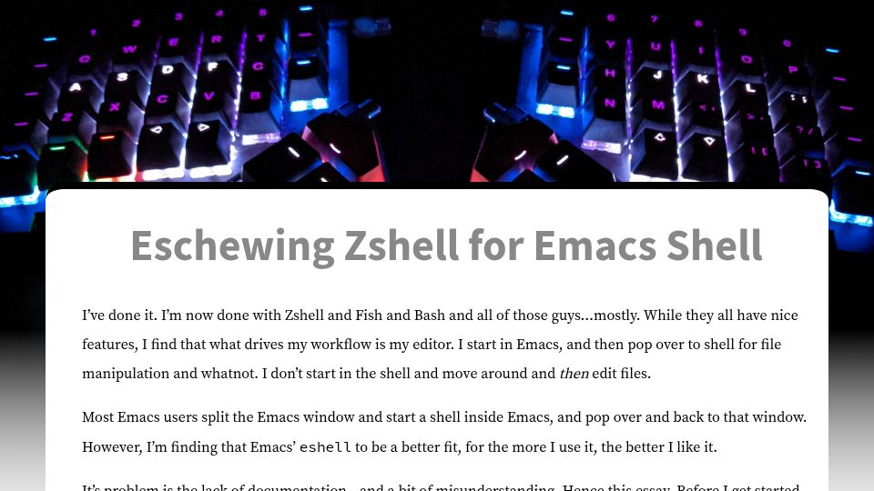 Screenshot of howardism.org: Eschewing Zshell for Emacs Shell (2014)
