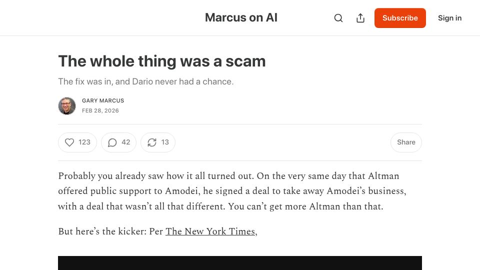 Screenshot of garymarcus.substack.com: The whole thing was a scam
