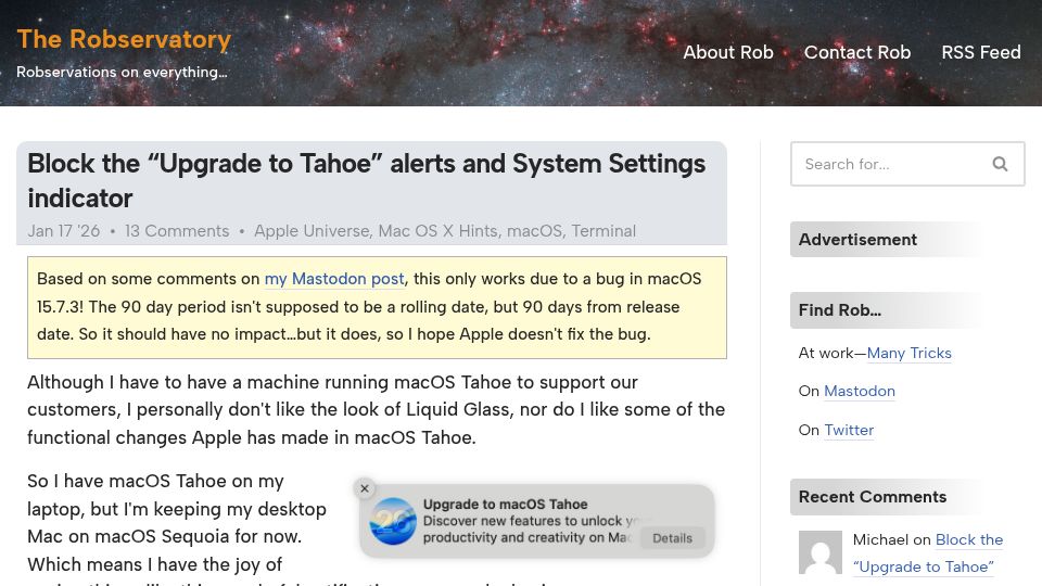 Screenshot of robservatory.com: Block the “Upgrade to Tahoe” Alerts