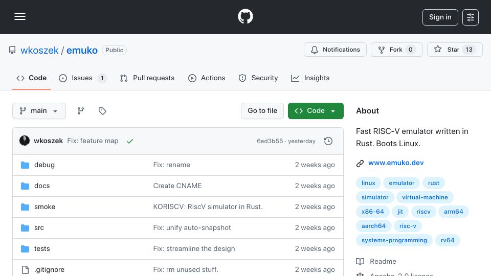 Screenshot of github.com: Emuko: Fast RISC-V emulator written in Rust, boots Linux