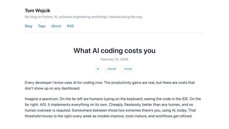 Screenshot of tomwojcik.com: What AI coding costs you