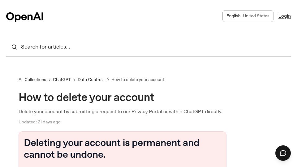 Screenshot of help.openai.com: OpenAI – How to delete your account