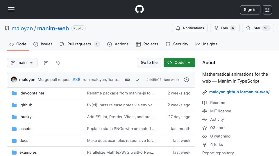 Screenshot of github.com: Show HN: I ported Manim to TypeScript (run 3b1B math animations in the browser)