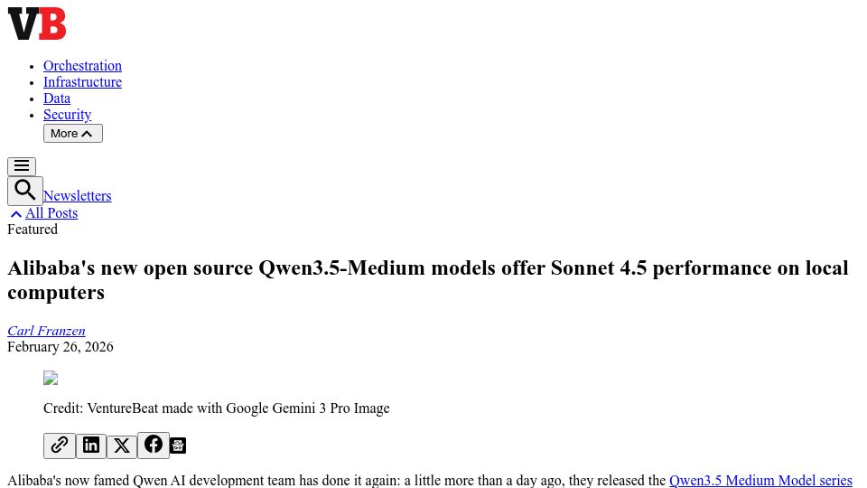 Screenshot of venturebeat.com: Qwen3.5 122B and 35B models offer Sonnet 4.5 performance on local computers