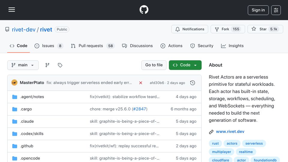 Screenshot of github.com: Show HN: SQLite for Rivet Actors – one database per agent, tenant, or document