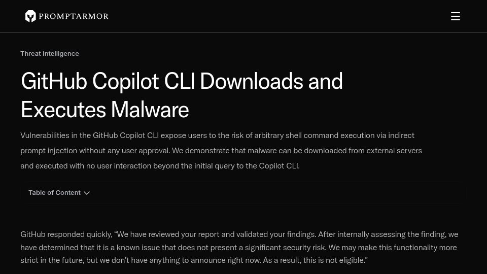 Screenshot of promptarmor.com: GitHub Copilot CLI downloads and executes malware