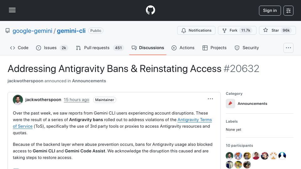 Screenshot of github.com: Addressing Antigravity Bans and Reinstating Access