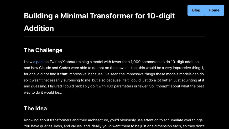 Screenshot of alexlitzenberger.com: Building a Minimal Transformer for 10-digit Addition