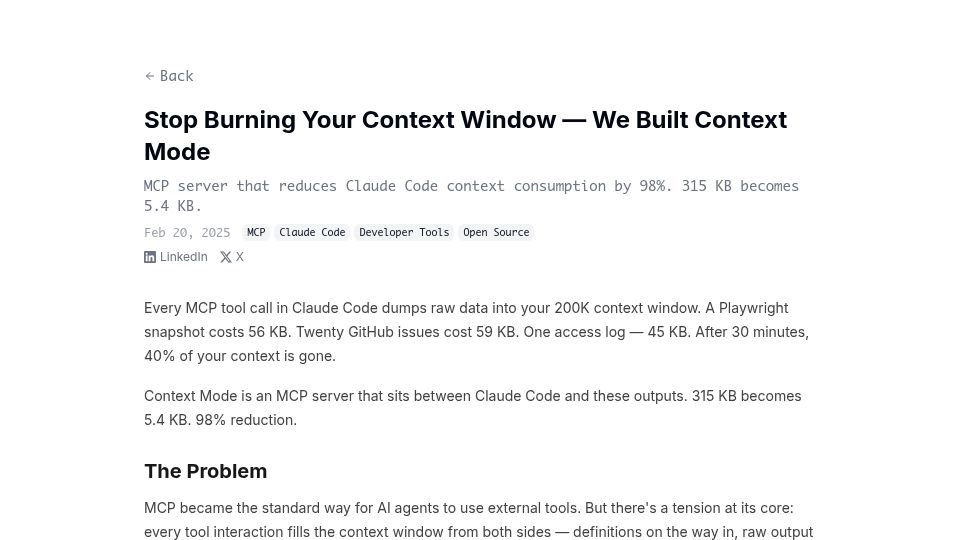 Screenshot of mksg.lu: MCP server that reduces Claude Code context consumption by 98%