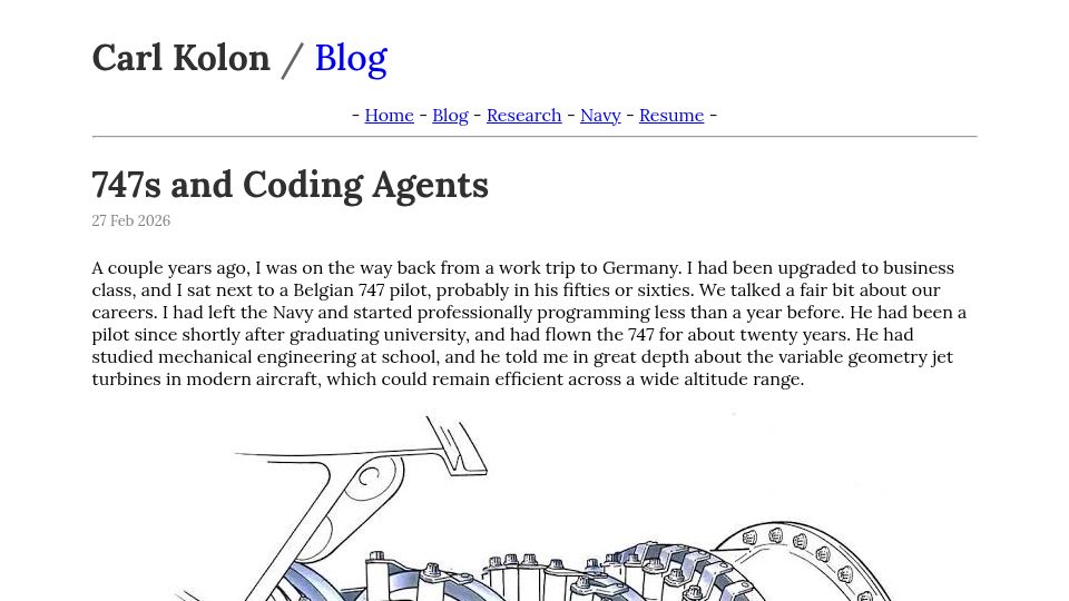 Screenshot of carlkolon.com: 747s and coding agents