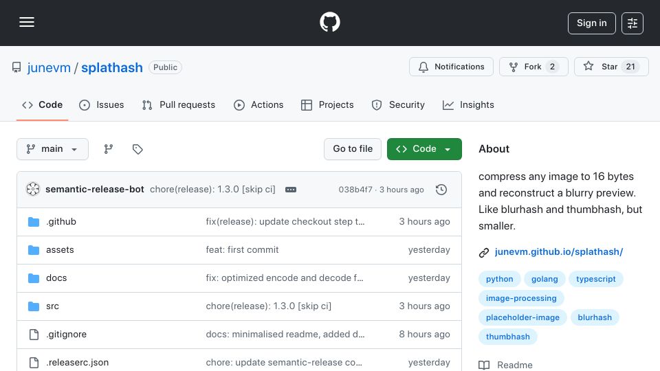 Screenshot of github.com: Show HN: SplatHash – A lightweight alternative to BlurHash and ThumbHash
