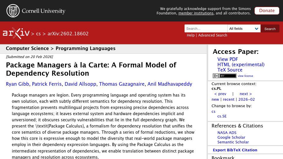 Screenshot of arxiv.org: Package Managers à la Carte: a formal model of dependency resolution