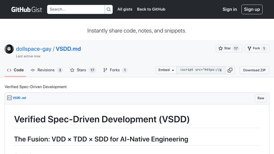 Screenshot of gist.github.com: Verified Spec-Driven Development (VSDD)