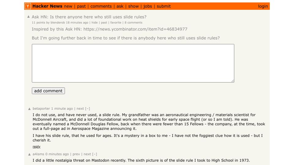 Screenshot of Hacker News post: Ask HN: Is there anyone here who still uses slide rules?