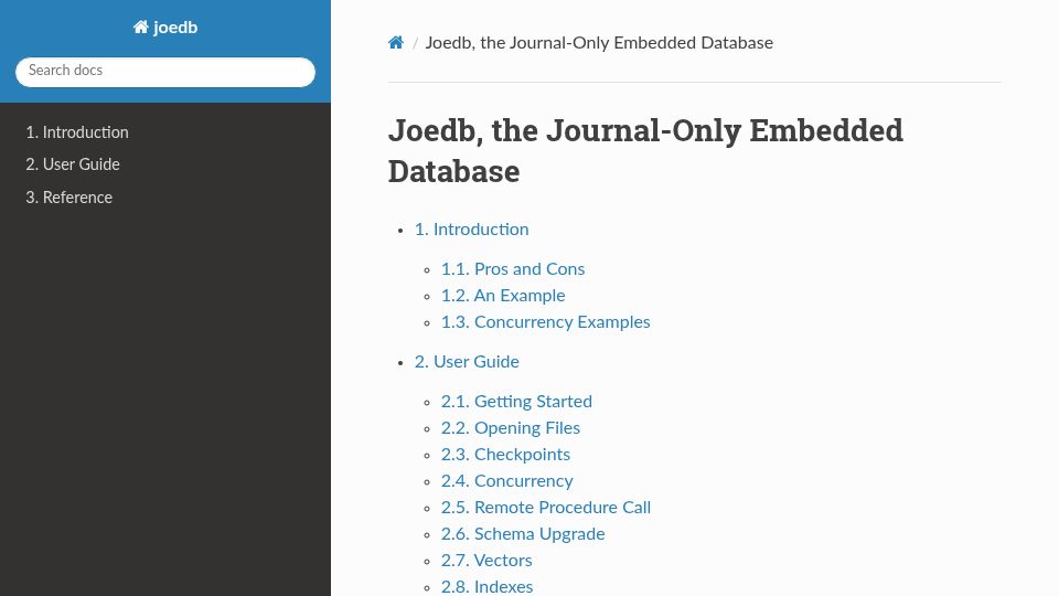 Screenshot of joedb.org: Joedb, the Journal-Only Embedded Database
