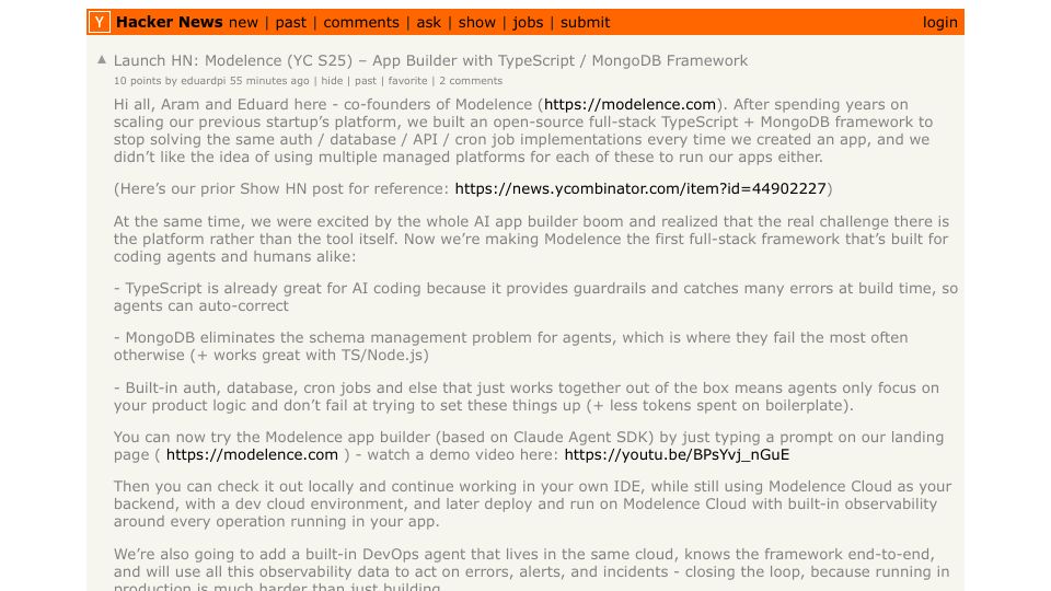 Screenshot of Hacker News post: Launch HN: Modelence (YC S25) – App Builder with TypeScript / MongoDB Framework